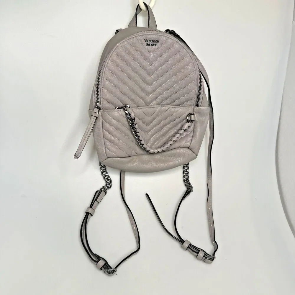 Victoria’s Secret Grey Quilted Mini Backpack Chain Accents 9